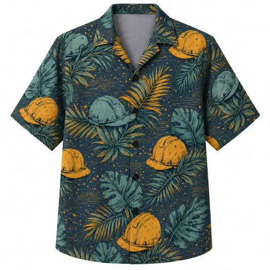 Labor Day Hawaiian Shirt- Teal Hard Hat Monstera Print for Summer