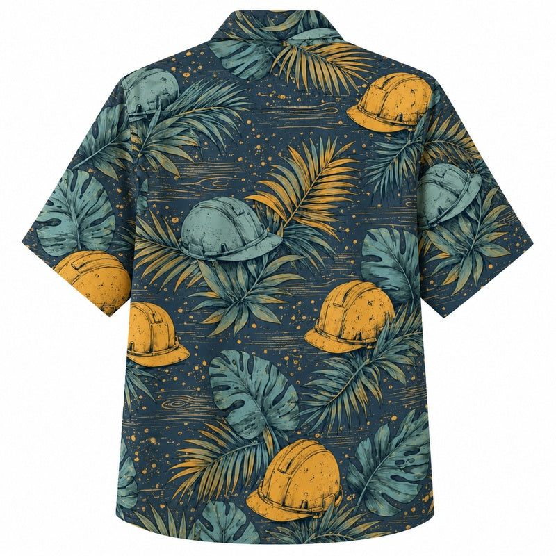 Labor Day Hawaiian Shirt- Teal Hard Hat Monstera Print for Summer