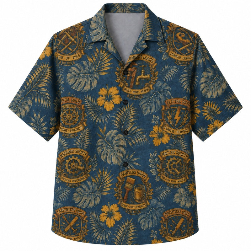 Labor Day Hawaiian Shirt- Teal Toolkit Badge Bloom Print for Summer