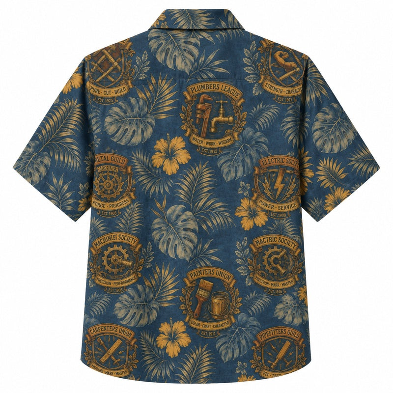 Labor Day Hawaiian Shirt- Teal Toolkit Badge Bloom Print for Summer