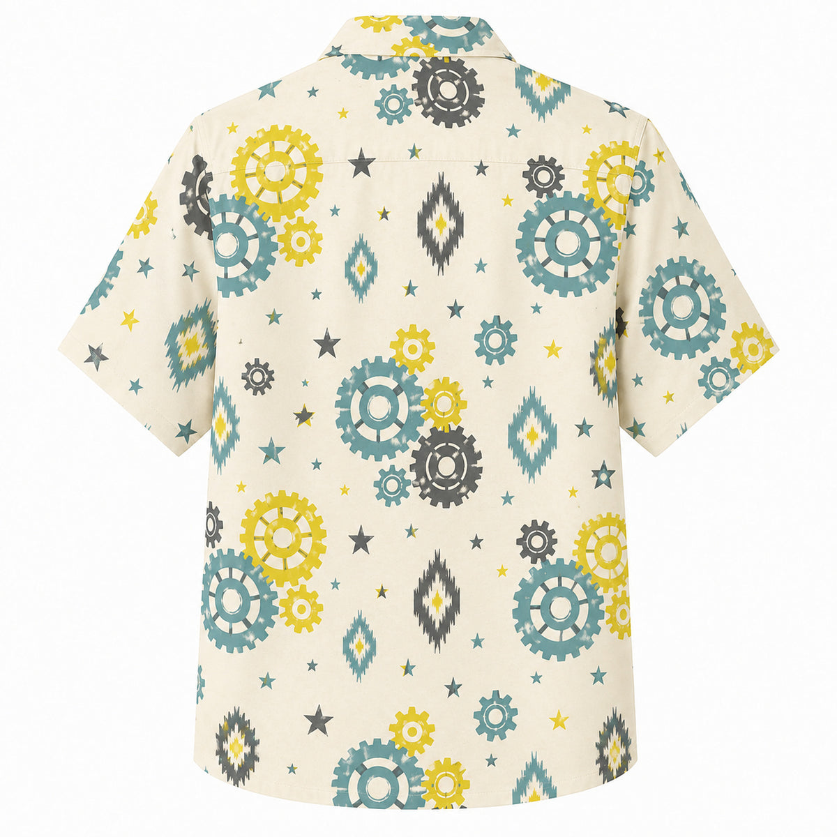 Labor Day Hawaiian Shirt- Teal and Gold Gear Aztec Diamond in Cream
