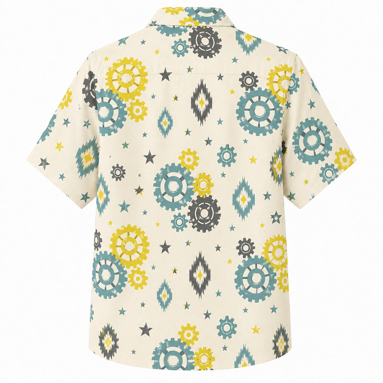 Labor Day Hawaiian Shirt- Teal and Gold Gear Aztec Diamond in Cream