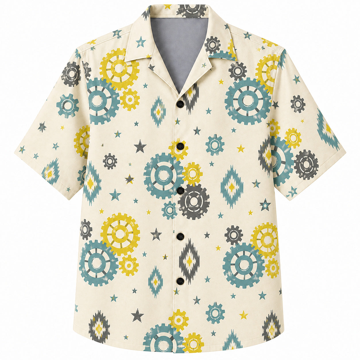 Labor Day Hawaiian Shirt- Teal and Gold Gear Aztec Diamond in Cream