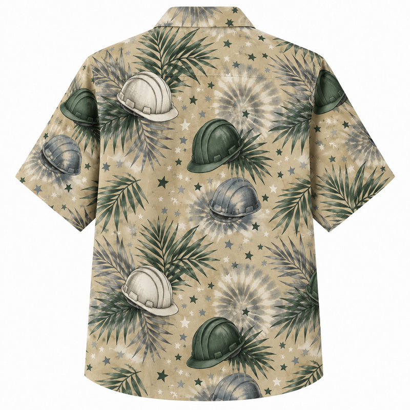 Labor Day Hawaiian Shirt- Tie Dye Burst and Hard Hat Star Print