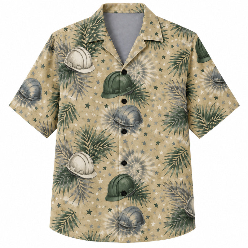 Labor Day Hawaiian Shirt- Tie Dye Burst and Hard Hat Star Print