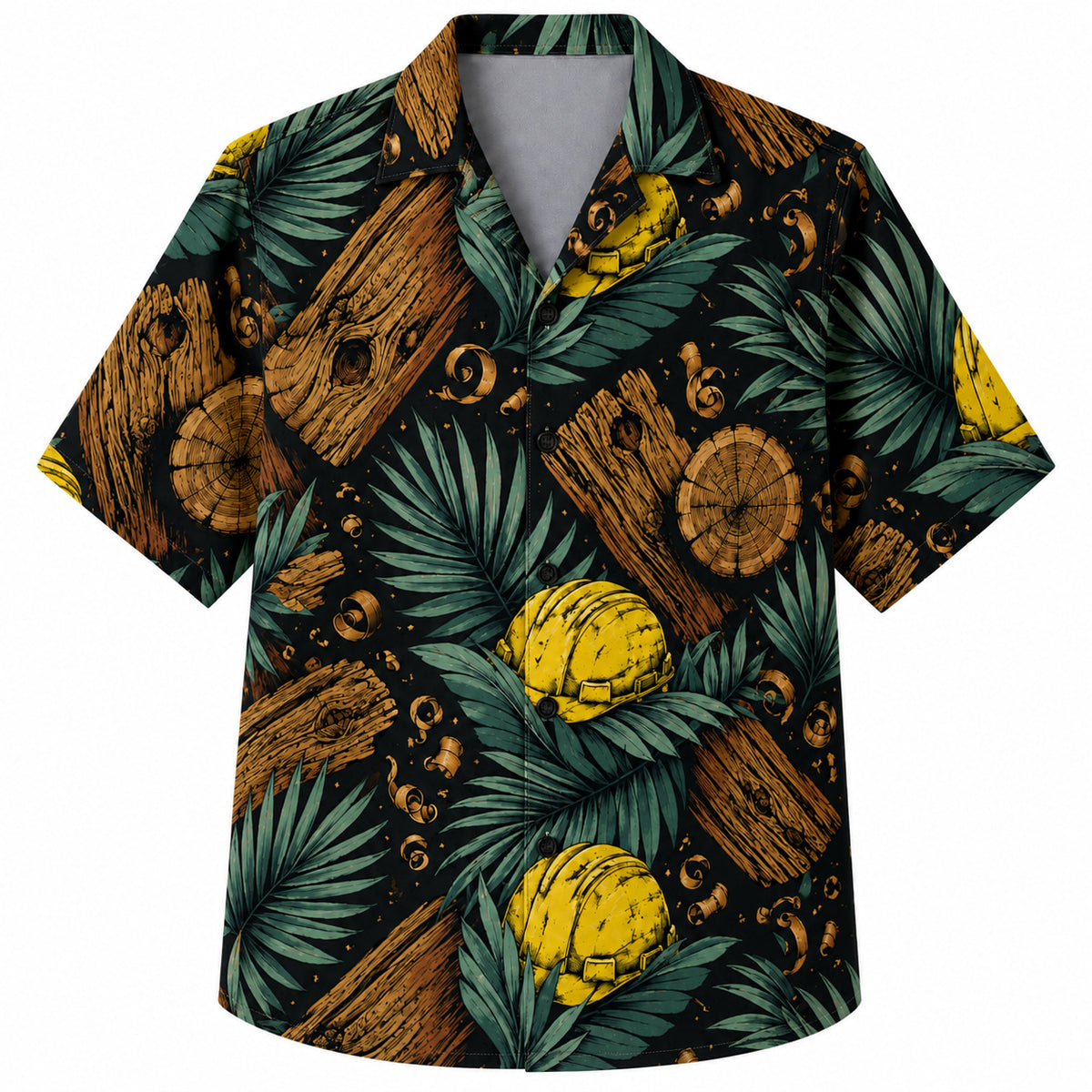 Labor Day Hawaiian Shirt- Timber Log and Hard Hat Jungle Print in Black