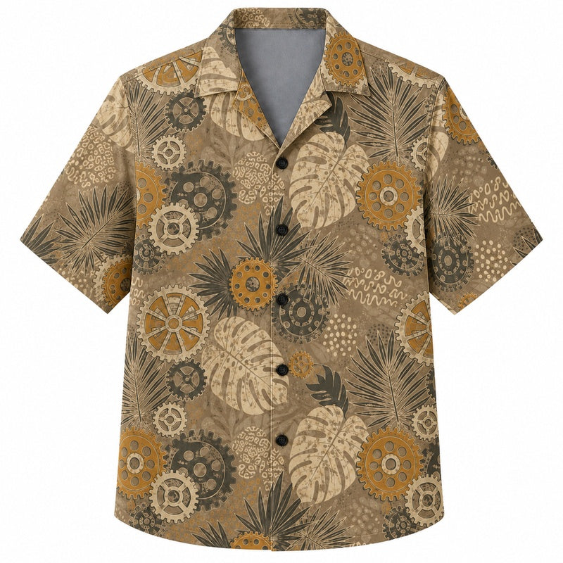 Labor Day Hawaiian Shirt- Tonal Gear and Monstera Print for Men