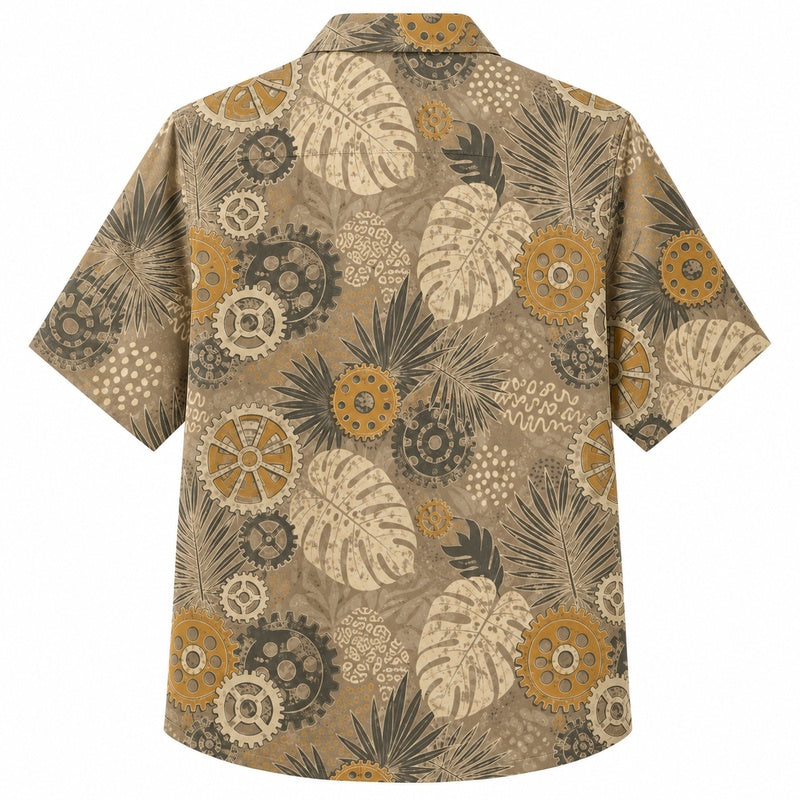 Labor Day Hawaiian Shirt- Tonal Gear and Monstera Print for Men