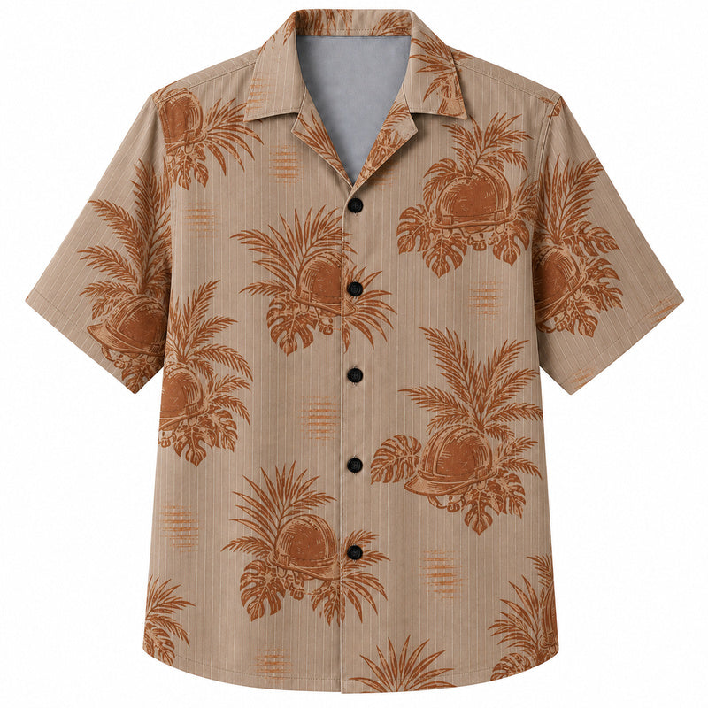 Labor Day Hawaiian Shirt- Tonal Hard Hat and Palm Print in Warm Tan