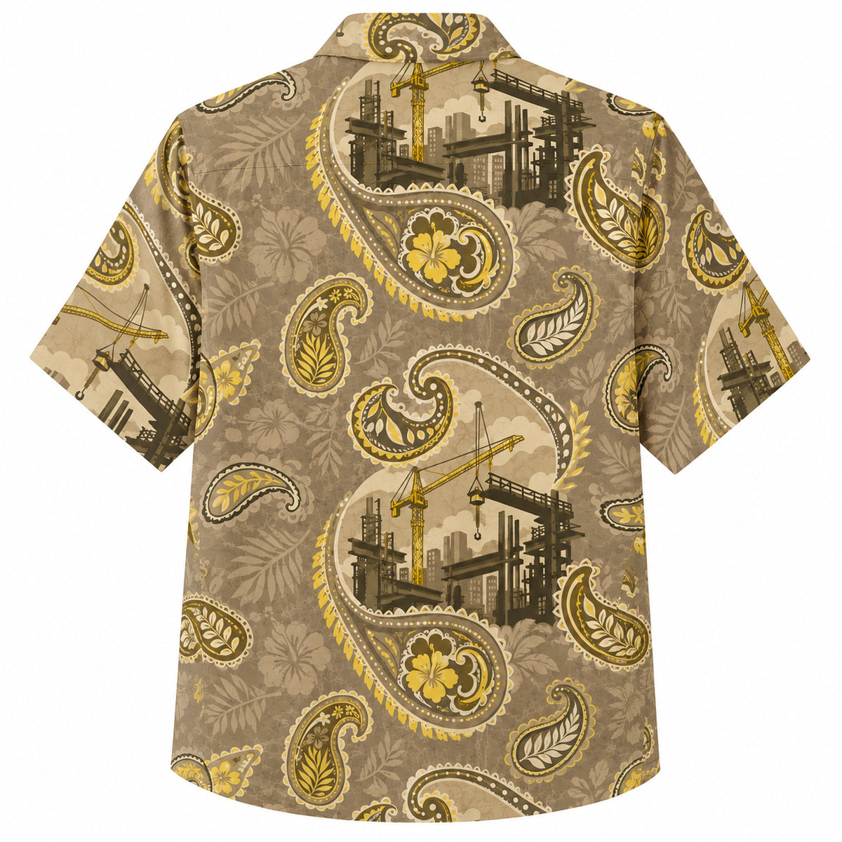 Labor Day Hawaiian Shirt- Tonal Paisley and Crane Skyline in Sand