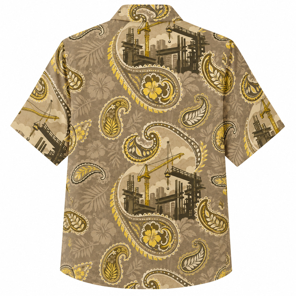 Labor Day Hawaiian Shirt- Tonal Paisley and Crane Skyline in Sand