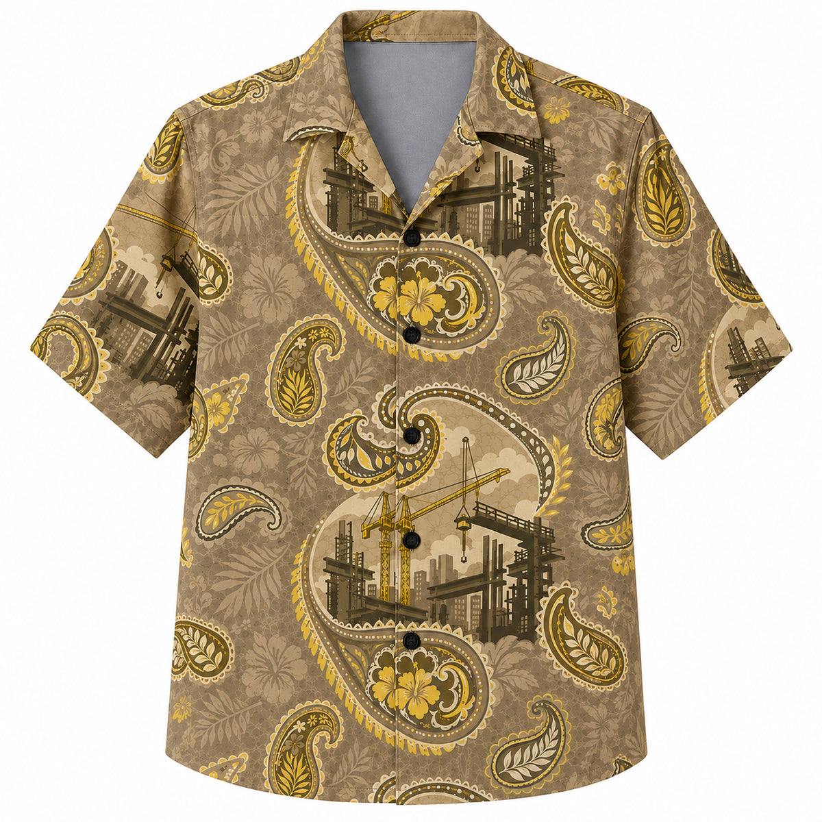 Labor Day Hawaiian Shirt- Tonal Paisley and Crane Skyline in Sand