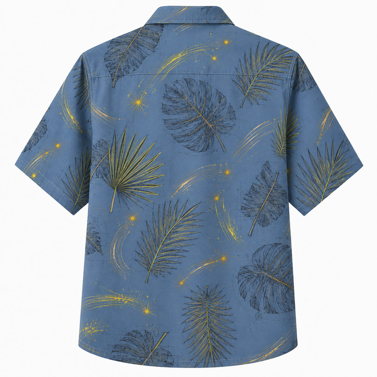 Labor Day Hawaiian Shirt- Tonal Palm Frond and Gold Spark on Chambray