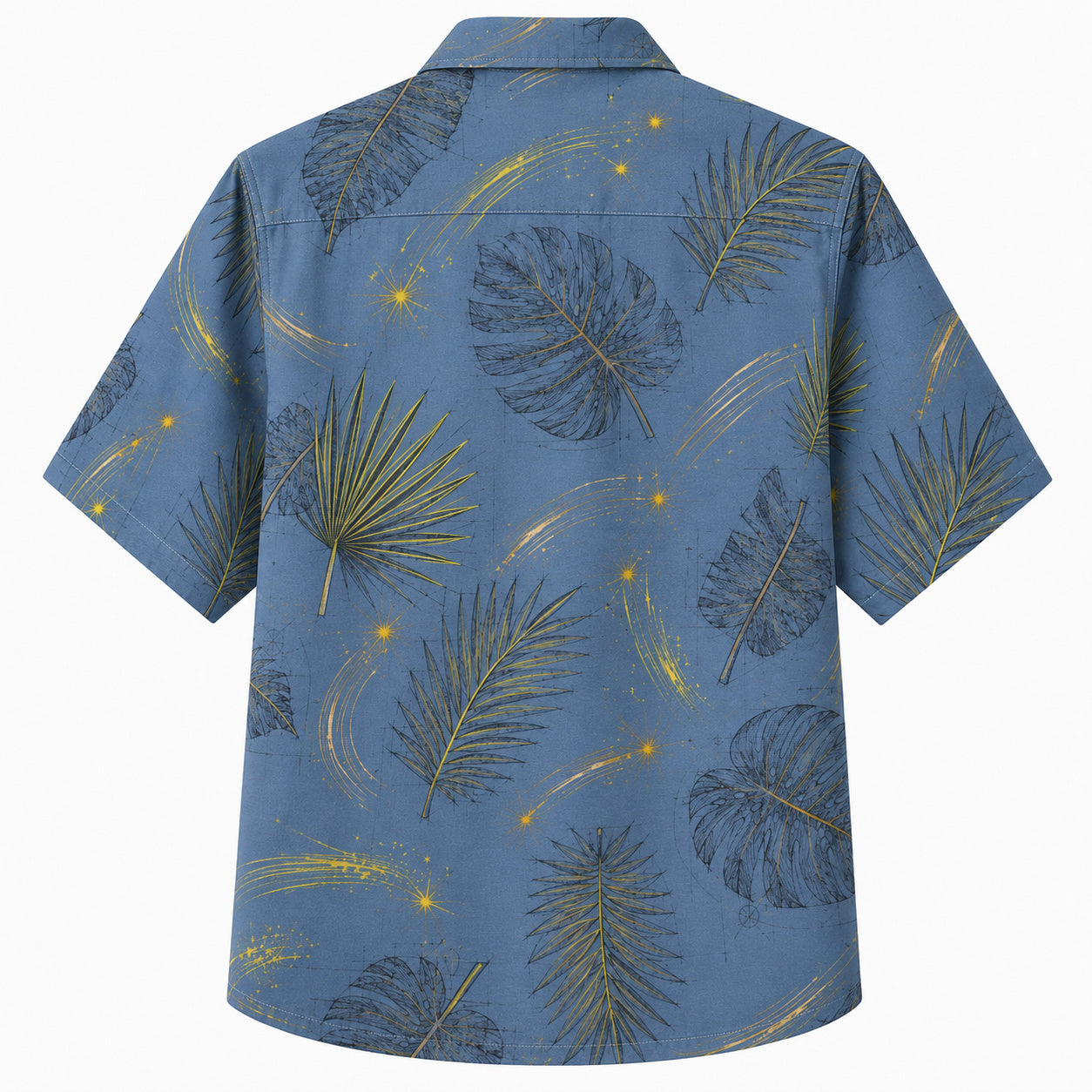 Labor Day Hawaiian Shirt- Tonal Palm Frond and Gold Spark on Chambray