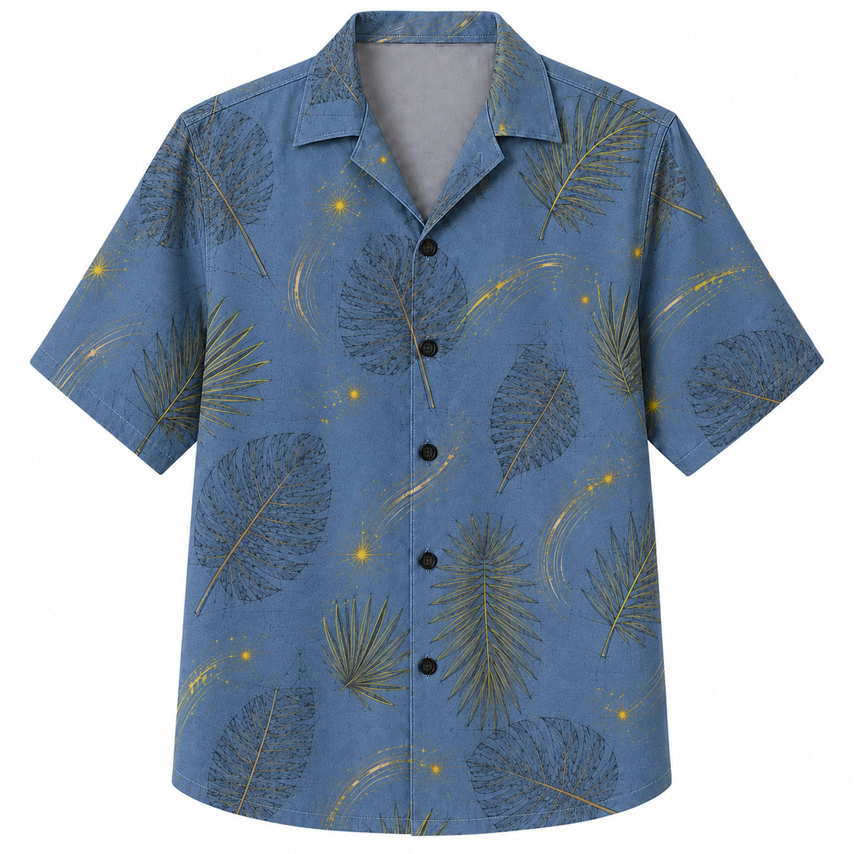 Labor Day Hawaiian Shirt- Tonal Palm Frond and Gold Spark on Chambray