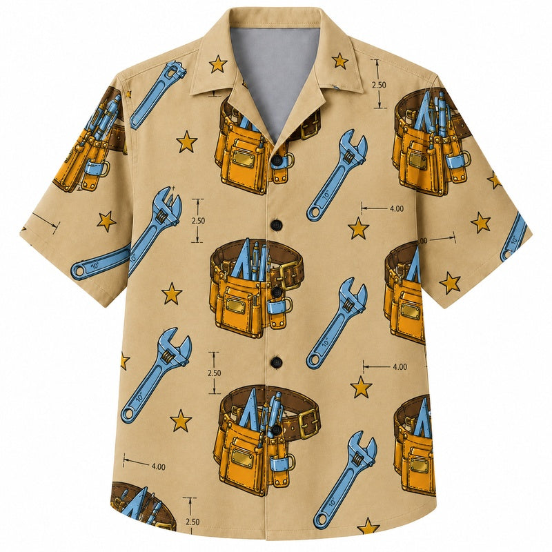 Labor Day Hawaiian Shirt- Tool Belt and Wrench Print for Summer