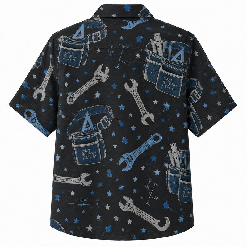 Labor Day Hawaiian Shirt- Tool Pouch Wrench Star Print for the Long Weekend