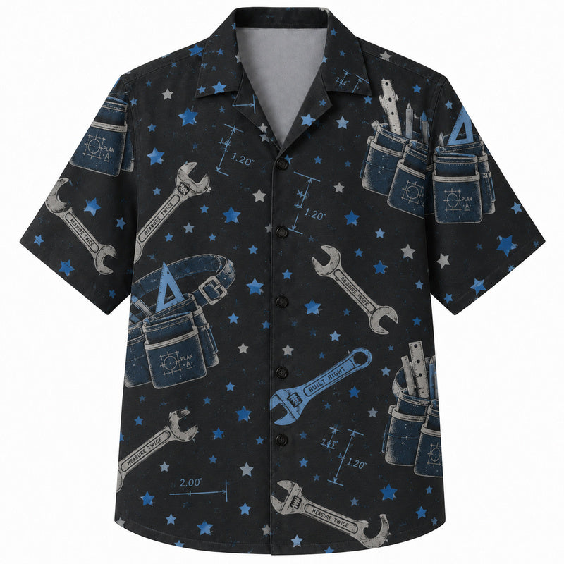 Labor Day Hawaiian Shirt- Tool Pouch Wrench Star Print for the Long Weekend