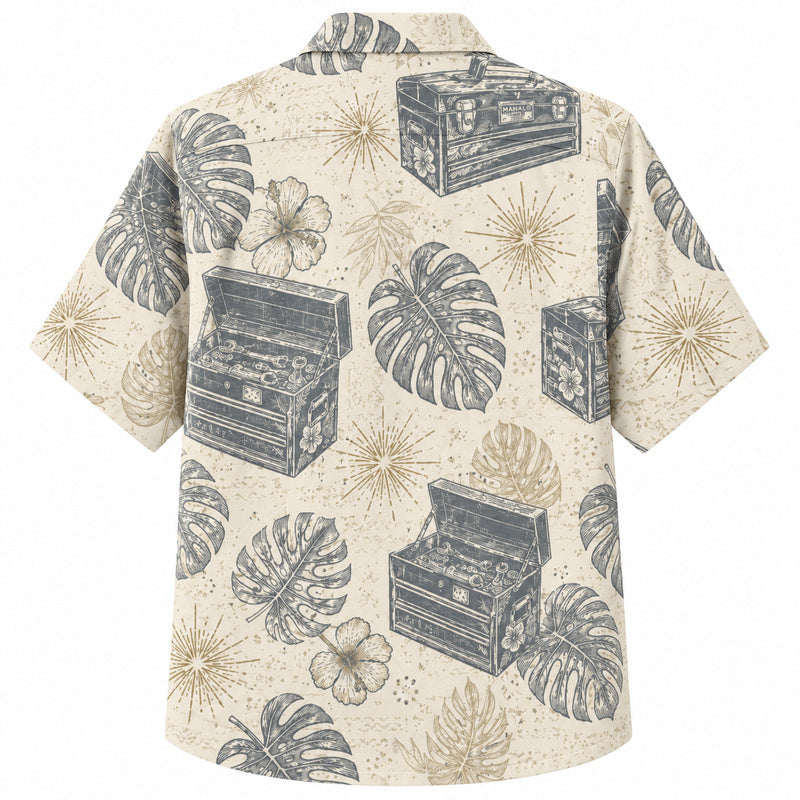 Labor Day Hawaiian Shirt- Toolbox Chest and Monstera Sparkle Print