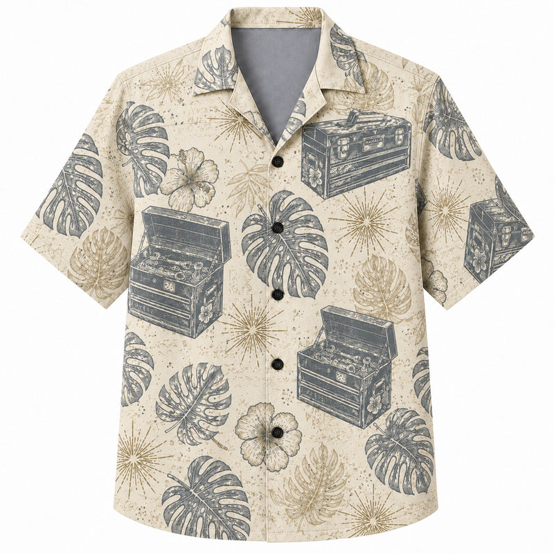 Labor Day Hawaiian Shirt- Toolbox Chest and Monstera Sparkle Print