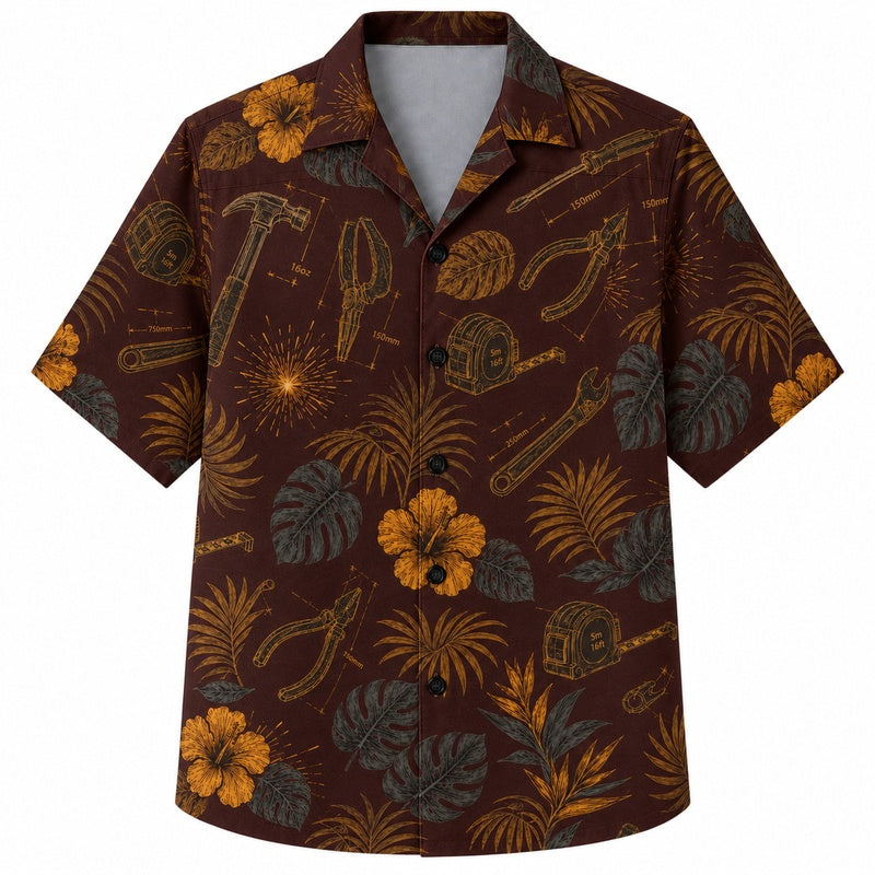 Labor Day Hawaiian Shirt- Toolbox Hibiscus Bloom Print for Summer