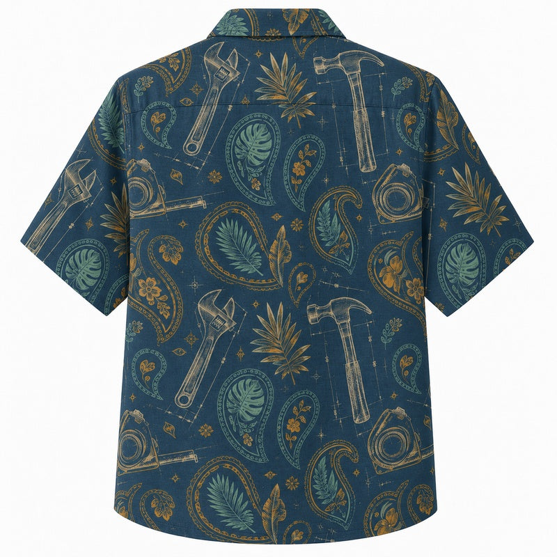 Labor Day Hawaiian Shirt- Toolbox Paisley Monstera Print for Summer
