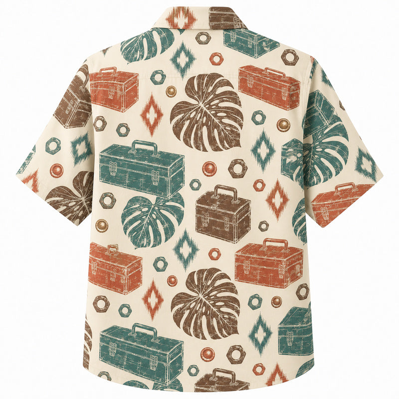 Labor Day Hawaiian Shirt- Toolbox and Monstera Leaf Print for Summer