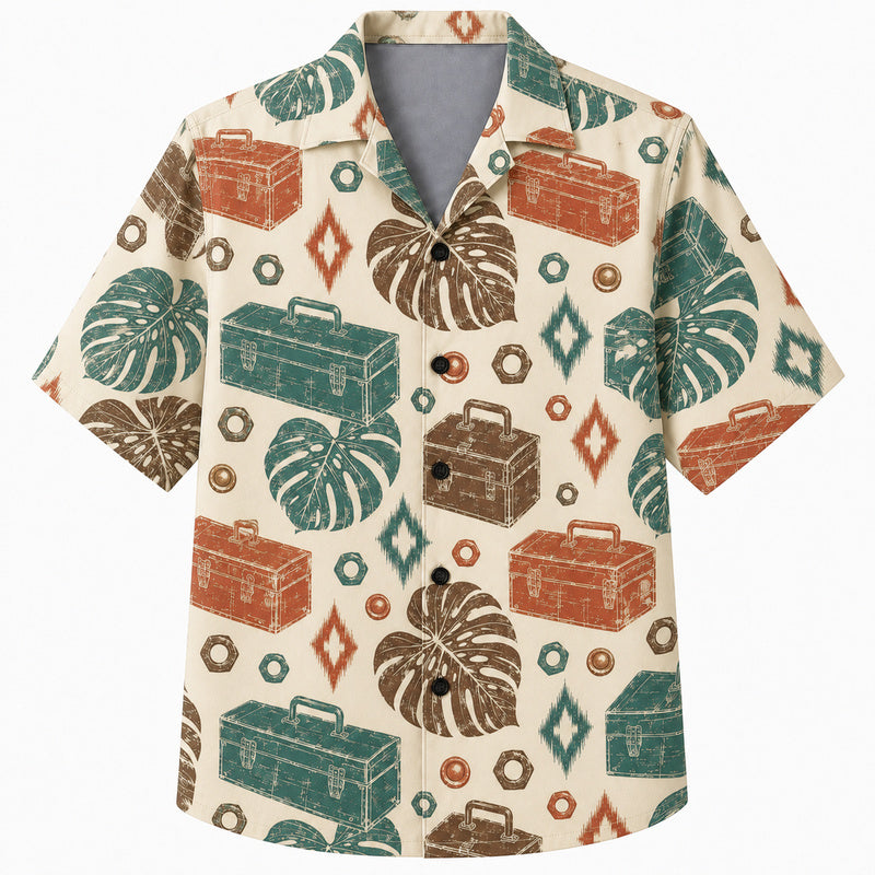 Labor Day Hawaiian Shirt- Toolbox and Monstera Leaf Print for Summer