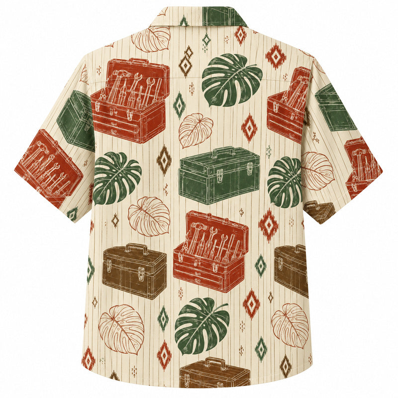 Labor Day Hawaiian Shirt- Toolbox and Monstera Pinstripe Print