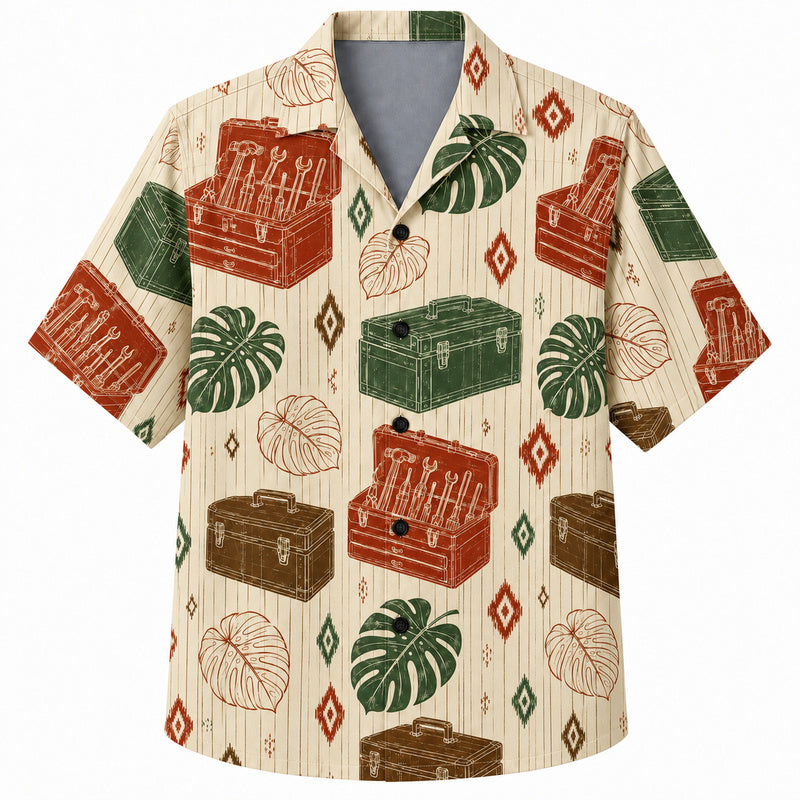 Labor Day Hawaiian Shirt- Toolbox and Monstera Pinstripe Print
