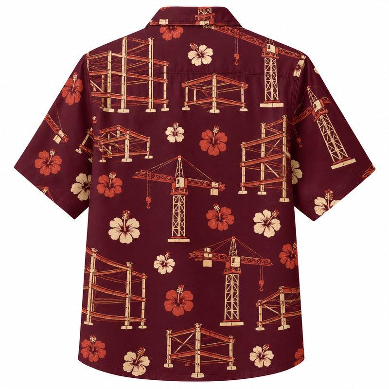 Labor Day Hawaiian Shirt- Tower Crane and Hibiscus Print in Deep Maroon