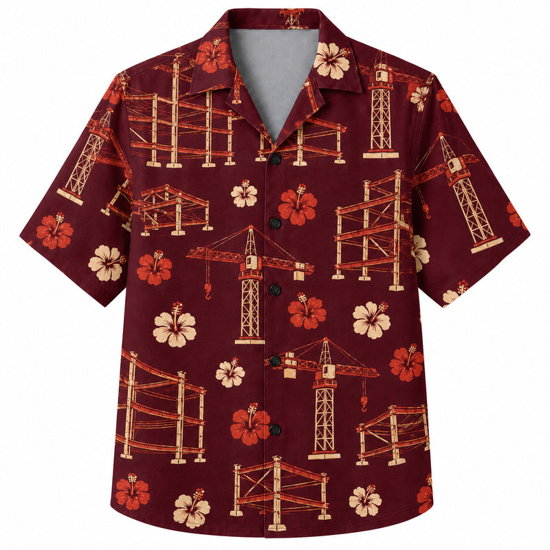 Labor Day Hawaiian Shirt- Tower Crane and Hibiscus Print in Deep Maroon
