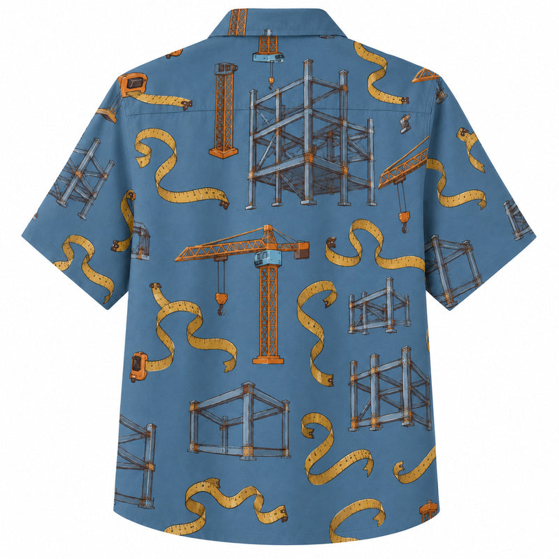 Labor Day Hawaiian Shirt - Tower Crane and Scaffold Print for the Jobsite