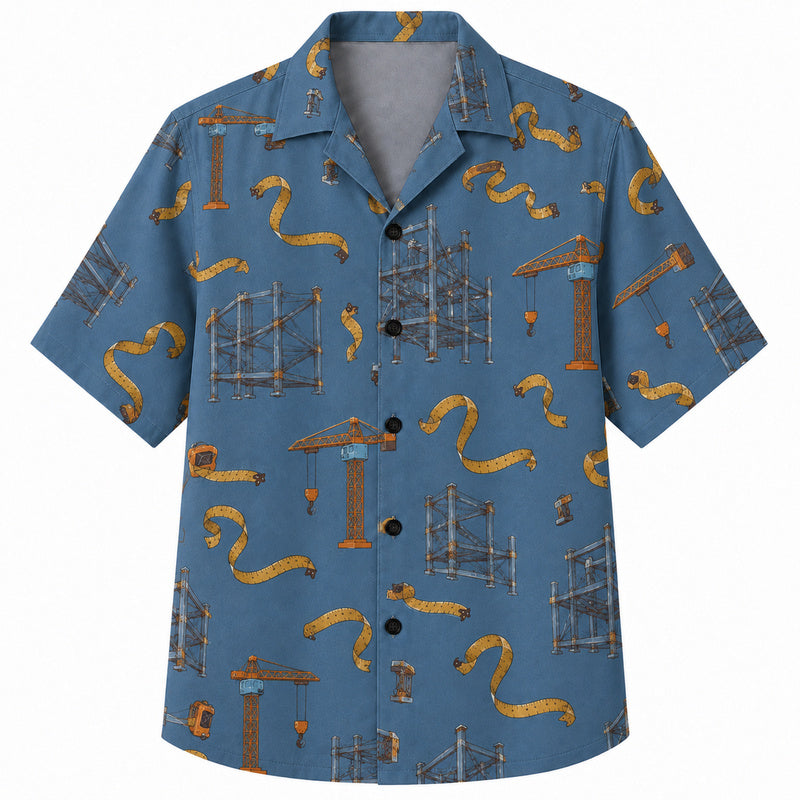 Labor Day Hawaiian Shirt - Tower Crane and Scaffold Print for the Jobsite