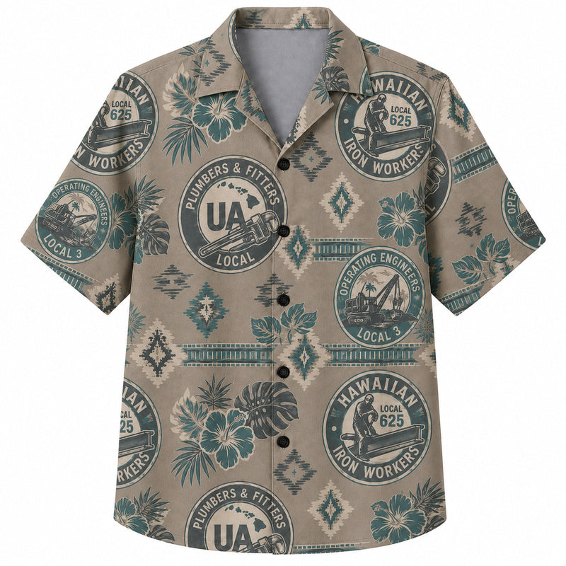 Labor Day Hawaiian Shirt- Trade Union Badge and Hibiscus Print