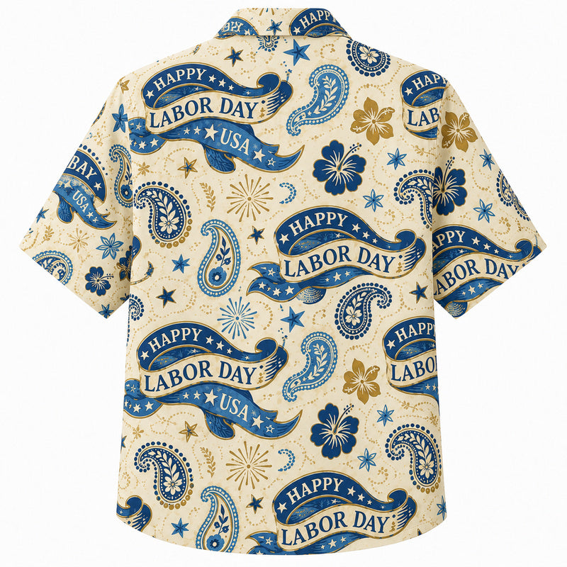 Labor Day Hawaiian Shirt- USA Banner Paisley Star Pattern for Summer