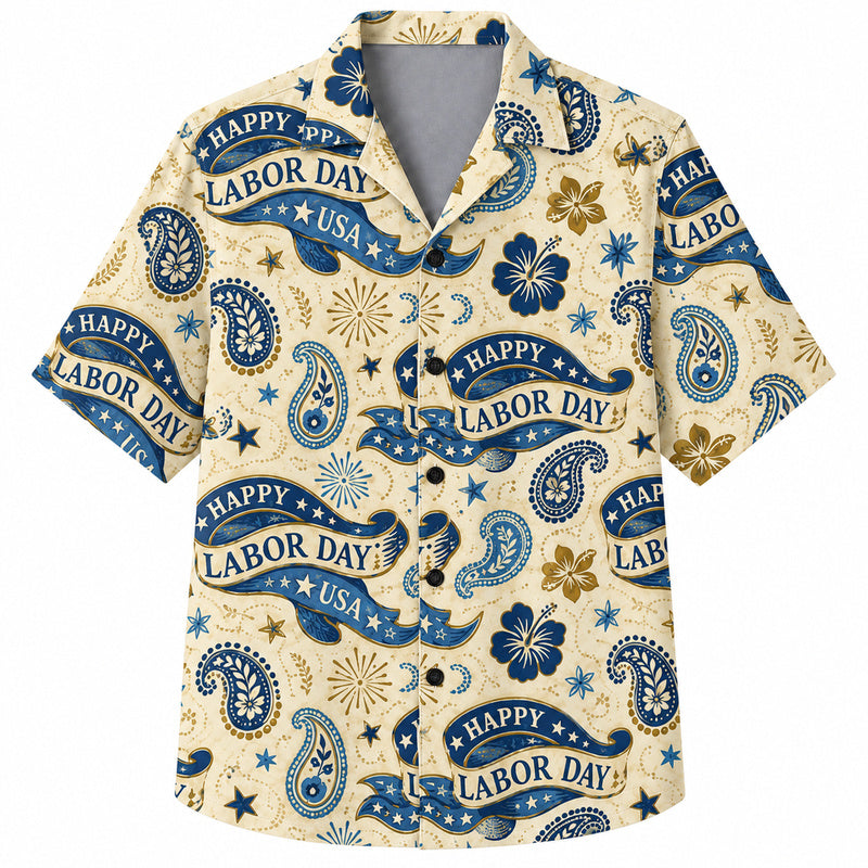 Labor Day Hawaiian Shirt- USA Banner Paisley Star Pattern for Summer