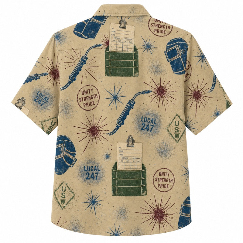 Labor Day Hawaiian Shirt Union Badge Cream Print for the Holiday