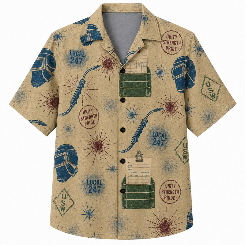 Labor Day Hawaiian Shirt Union Badge Cream Print for the Holiday