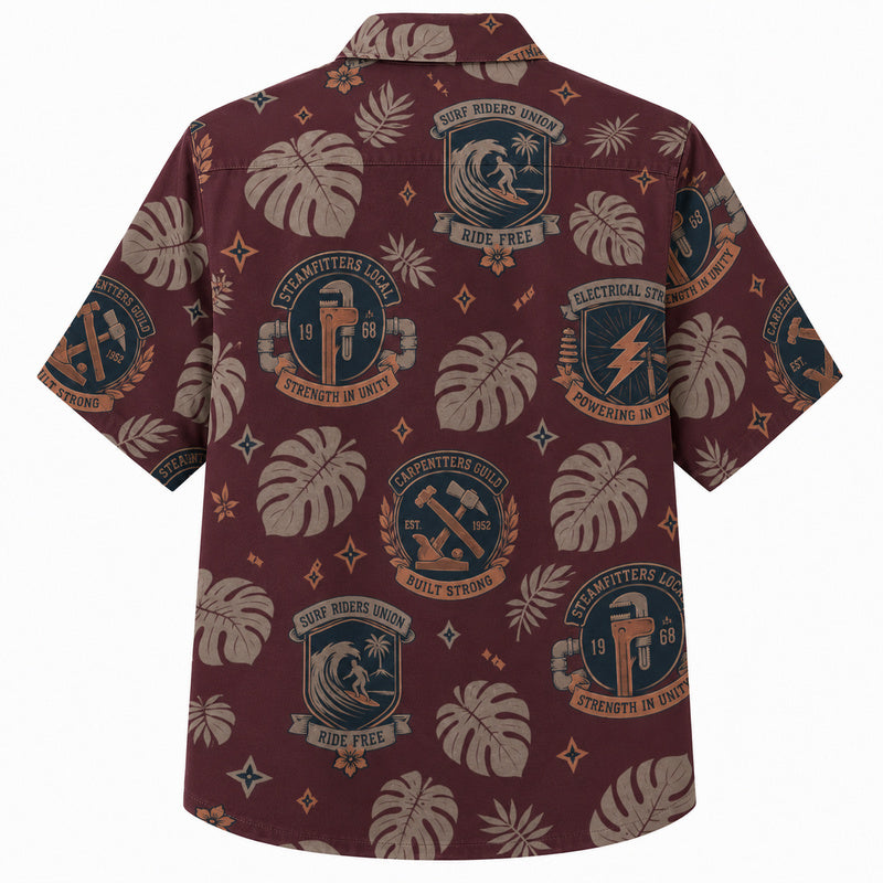 Labor Day Hawaiian Shirt- Union Badge Monstera Design for the Long Weekend