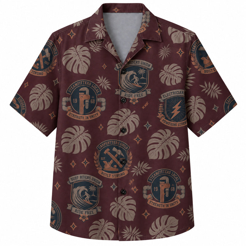 Labor Day Hawaiian Shirt- Union Badge Monstera Design for the Long Weekend