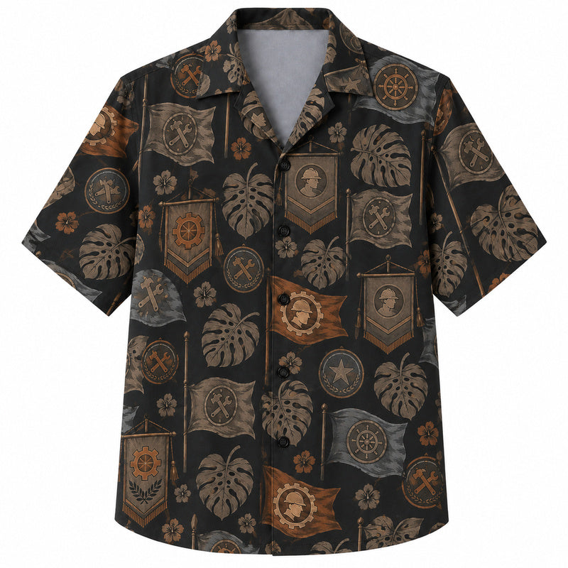 Labor Day Hawaiian Shirt- Union Banner and Ship Wheel Crest Print