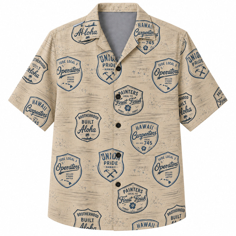 Labor Day Hawaiian Shirt- Union Crest Patch Print on Weathered Wood