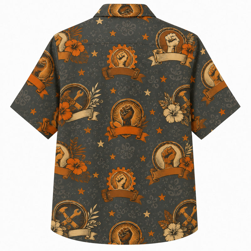 Labor Day Hawaiian Shirt - Union Fist Banner Hibiscus Print for the Jobsite
