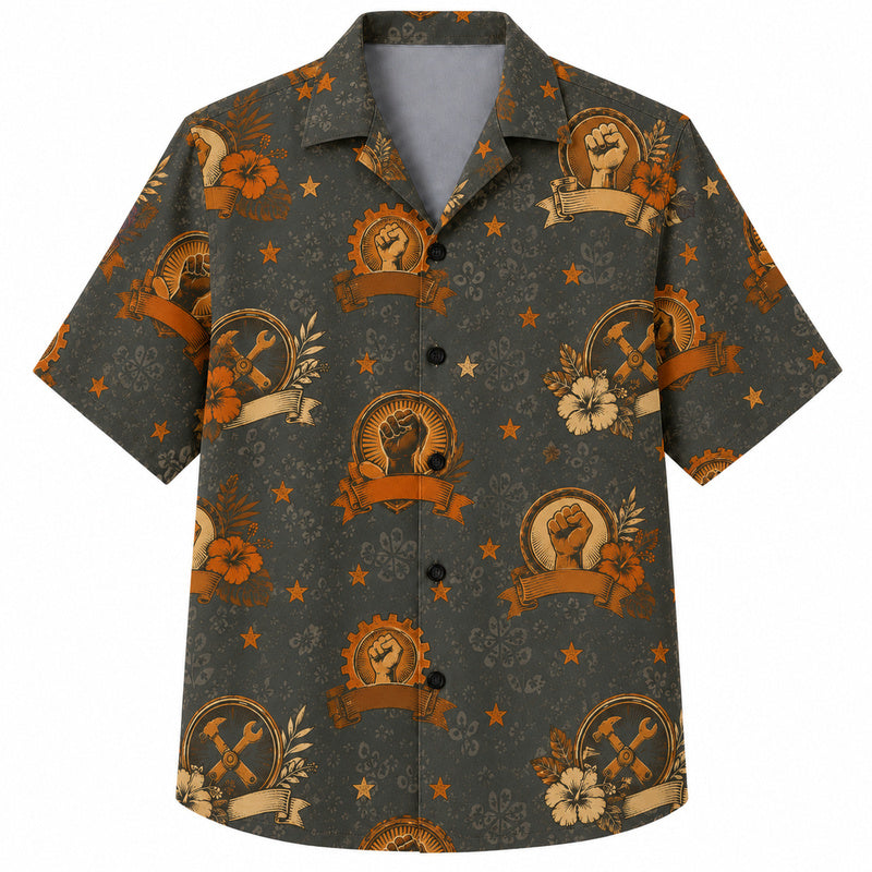 Labor Day Hawaiian Shirt - Union Fist Banner Hibiscus Print for the Jobsite