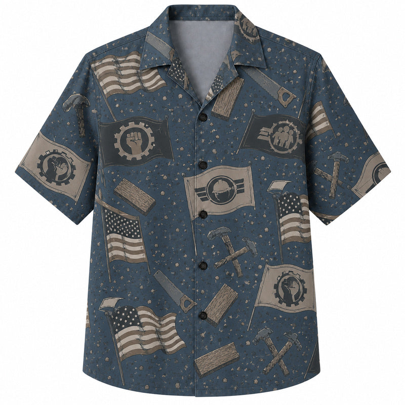 Labor Day Hawaiian Shirt- Union Flag Fist and Gear Banner Print