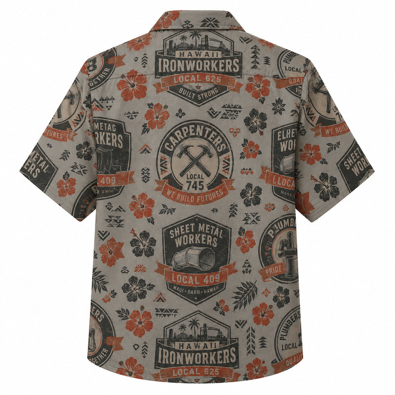 Labor Day Hawaiian Shirt- Union Local Badge and Hibiscus Print