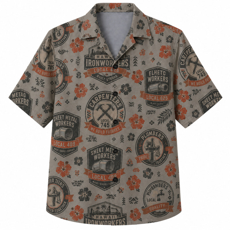 Labor Day Hawaiian Shirt- Union Local Badge and Hibiscus Print