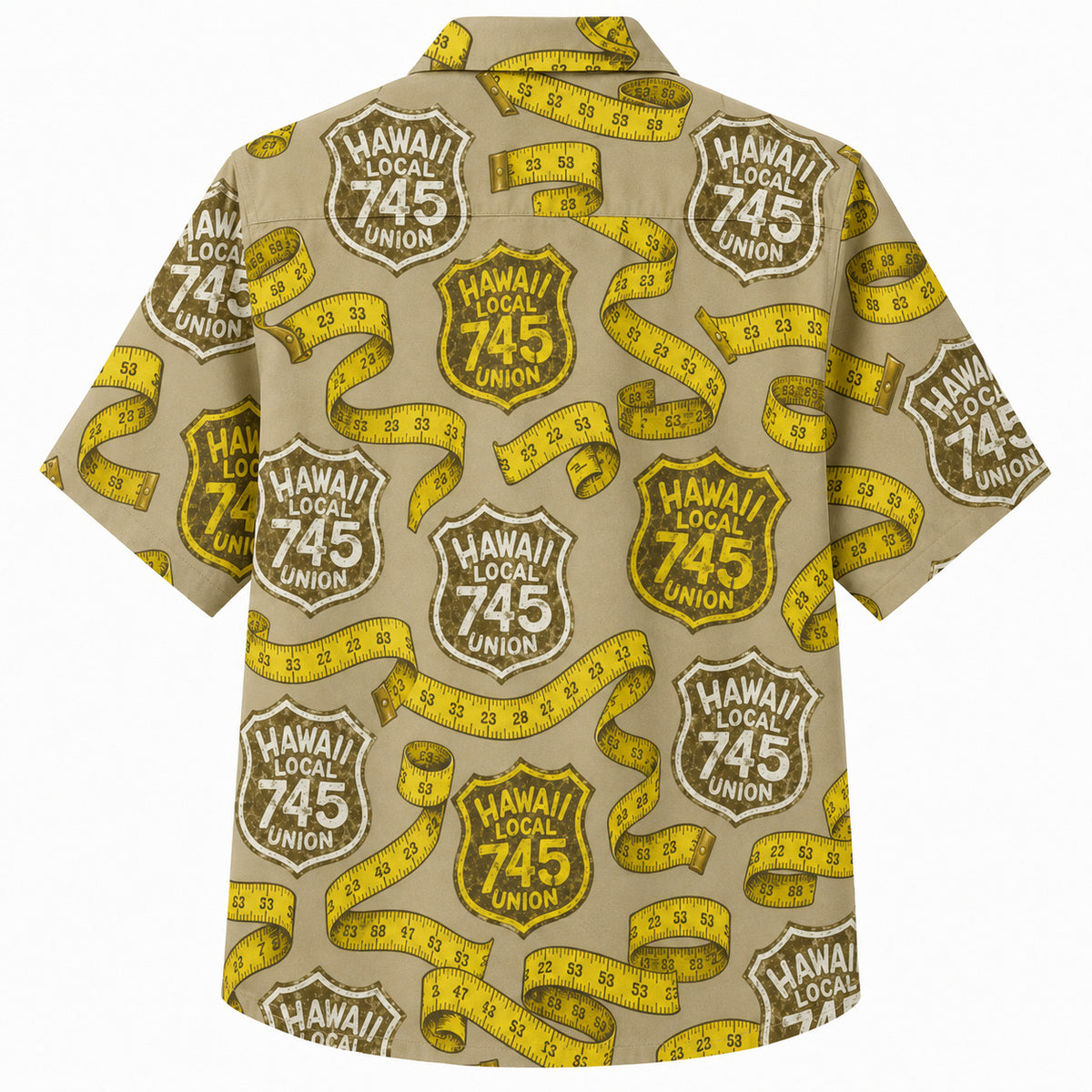 Labor Day Hawaiian Shirt- Union Patch and Tape Measure Ribbon in Khaki