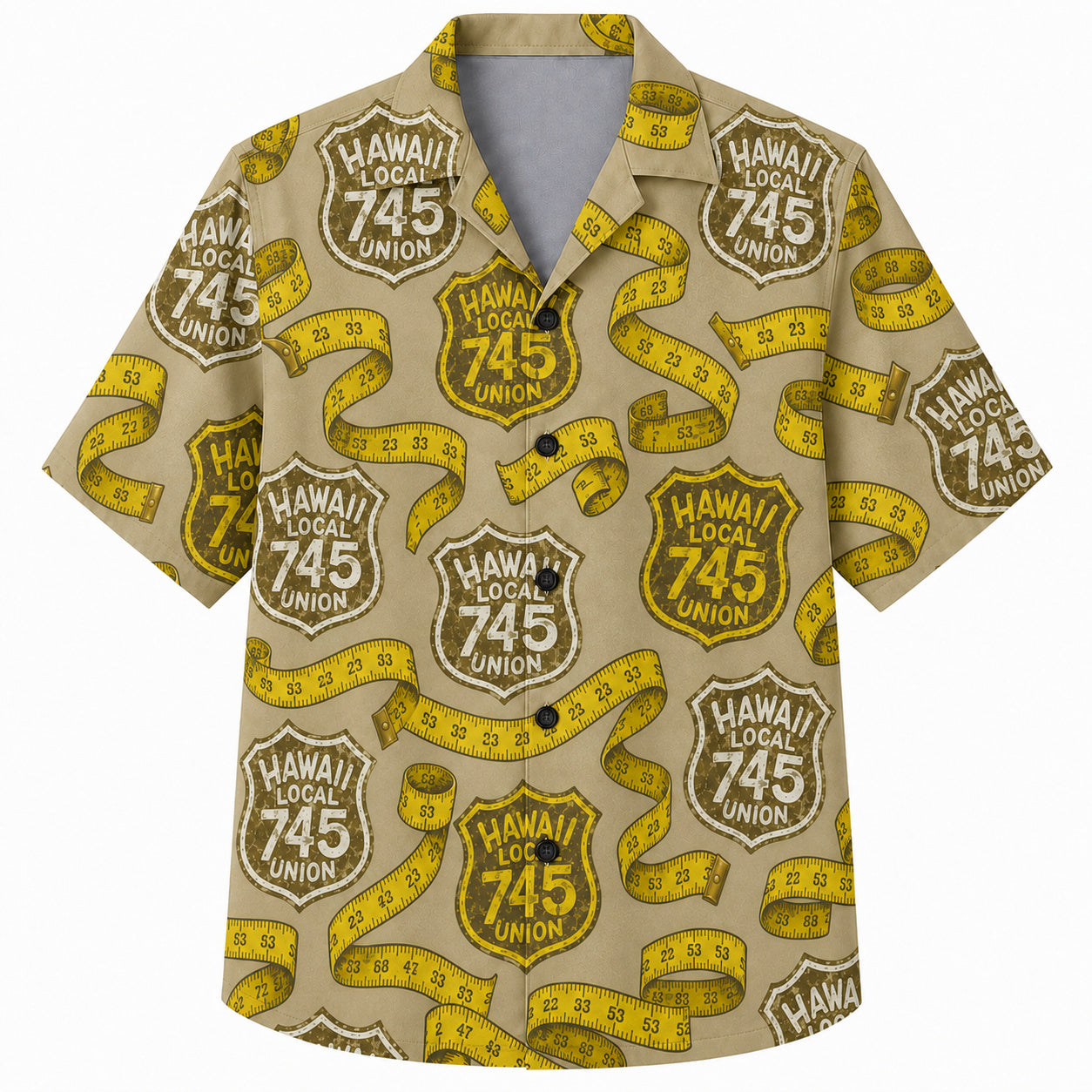 Labor Day Hawaiian Shirt- Union Patch and Tape Measure Ribbon in Khaki